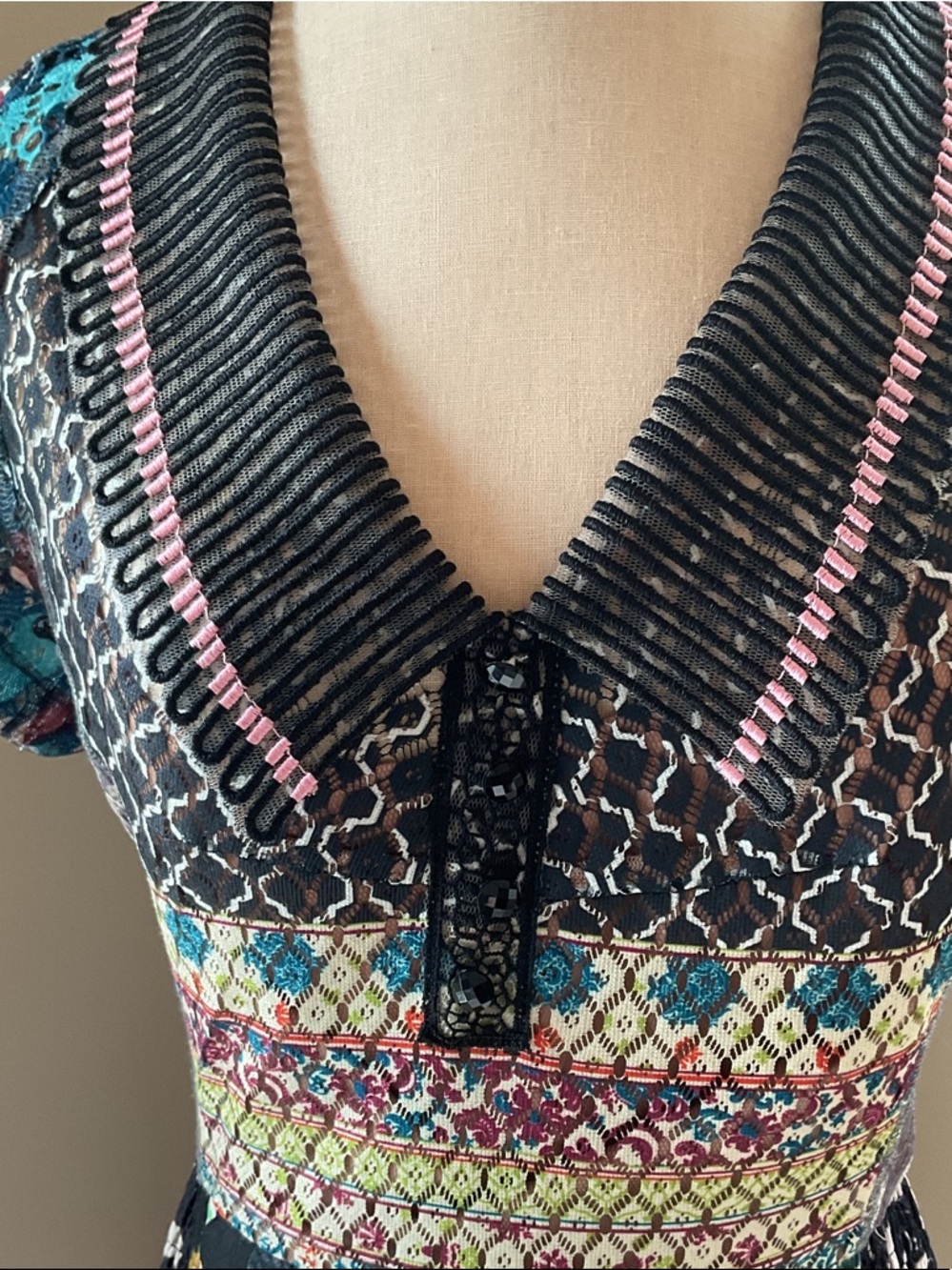 Anthro/Byron Lars Black Floral Patchwork Midi Dress with Teal & Pink Accents - Picture 2 of 13
